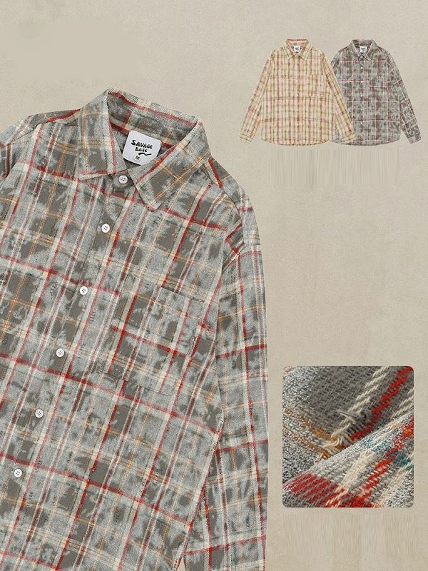 柄シャツ ダメージ加工チェック柄長袖シャツ男女兼用