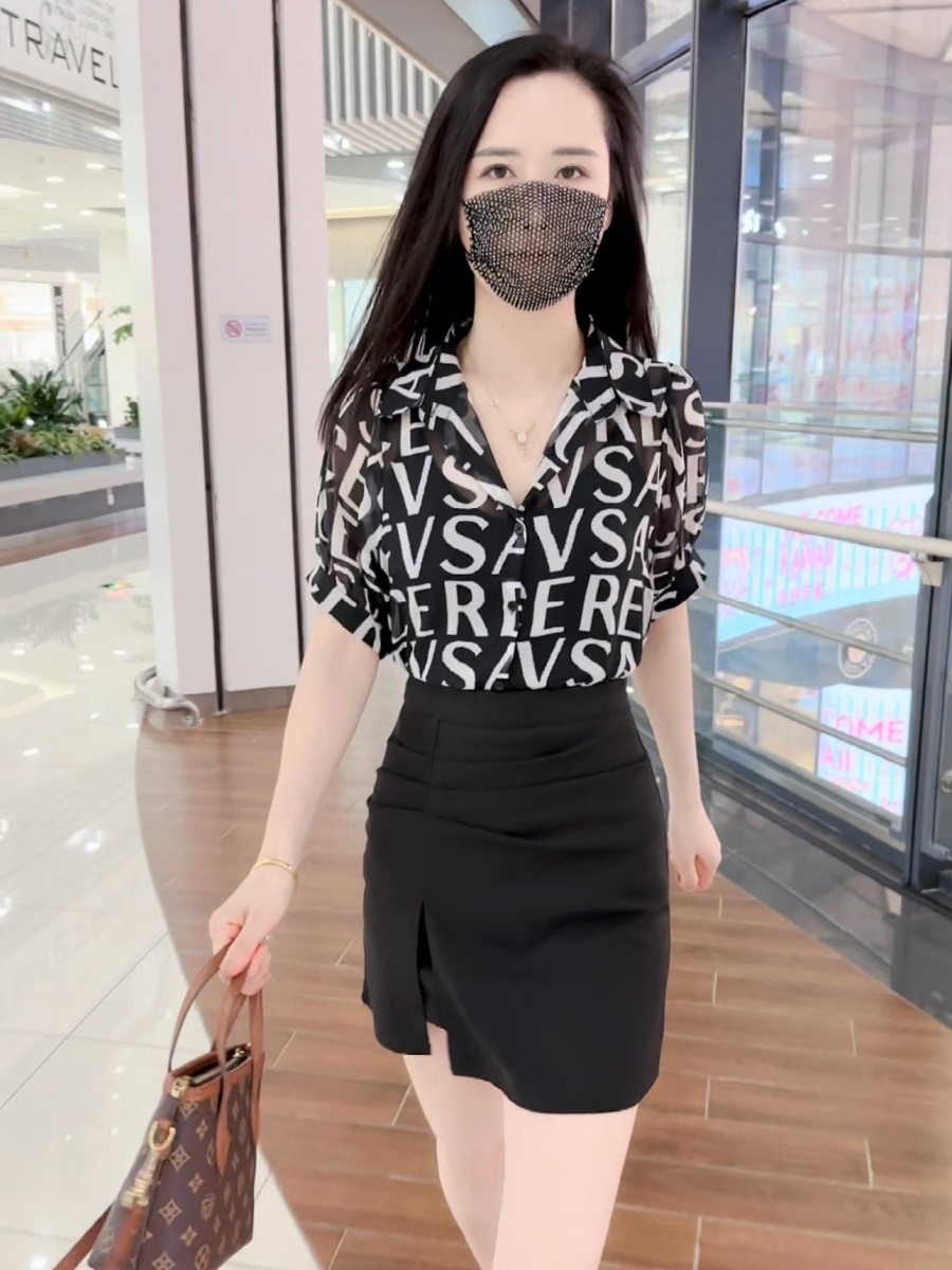 柄シャツ 文字デザイン開襟シャツ