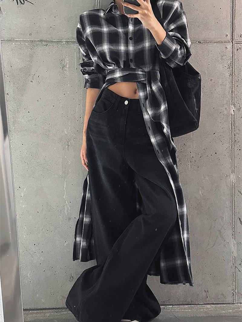 柄シャツ 柄シャツ 流麗モダンロングチェックシャツ