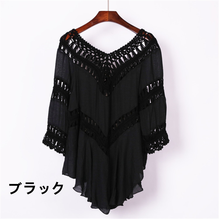 透かし編み 白柄シャツ リゾート 夏向け フレアトップス