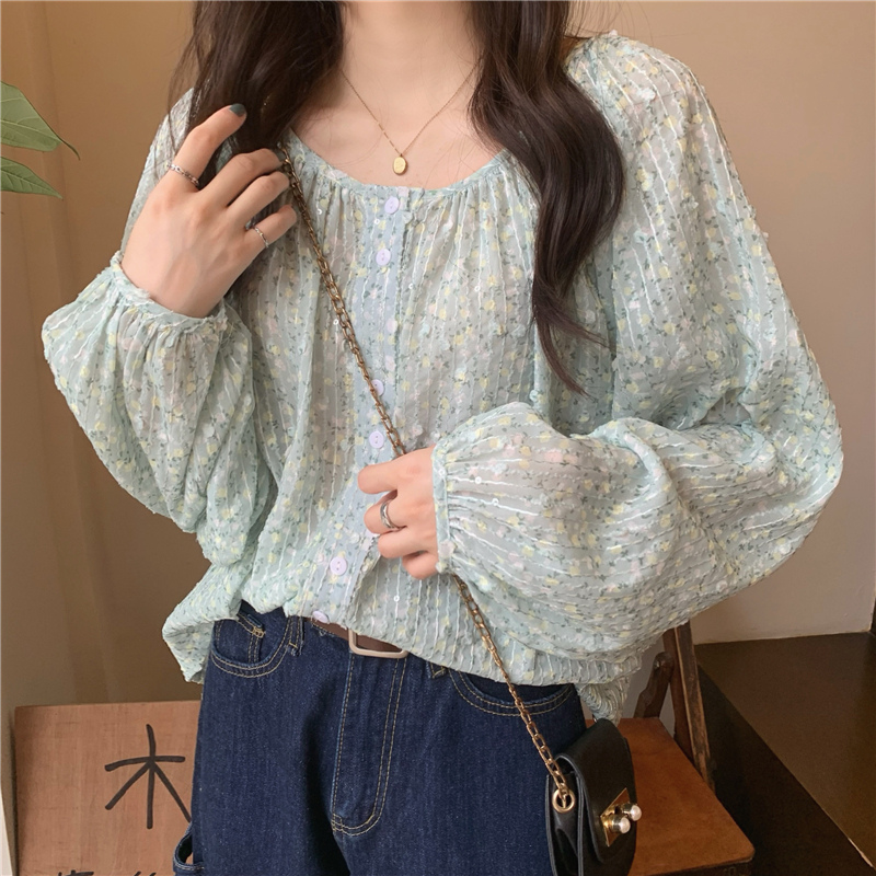韓国風花柄シャツ長袖ブラウス上品ラウンドネック