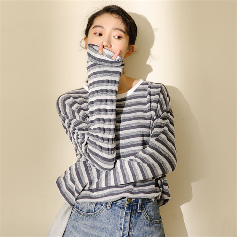 韓国風おしゃれ白柄シャツ カジュアルボーダートップス