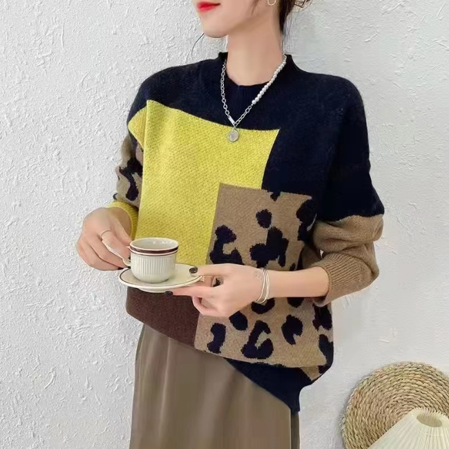 ヒョウ柄シャツ配色ニットセーター ドロップショルダープルオーバー
