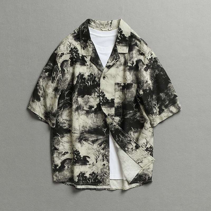 総柄シャツ 水墨画柄プリント半袖シャツ