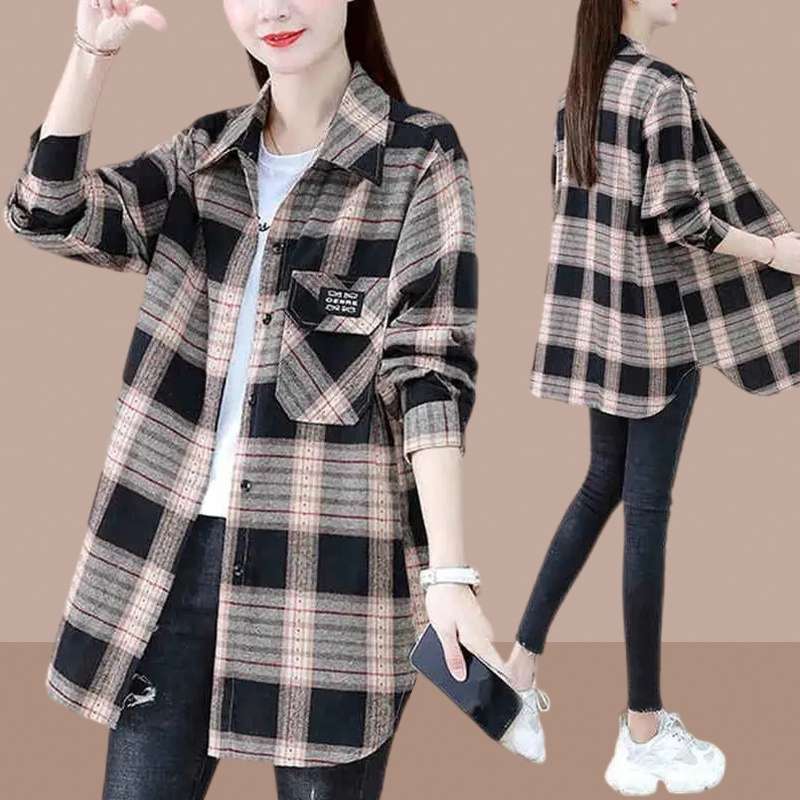 柄シャツ カジュアル チェック柄 ロング シャツ