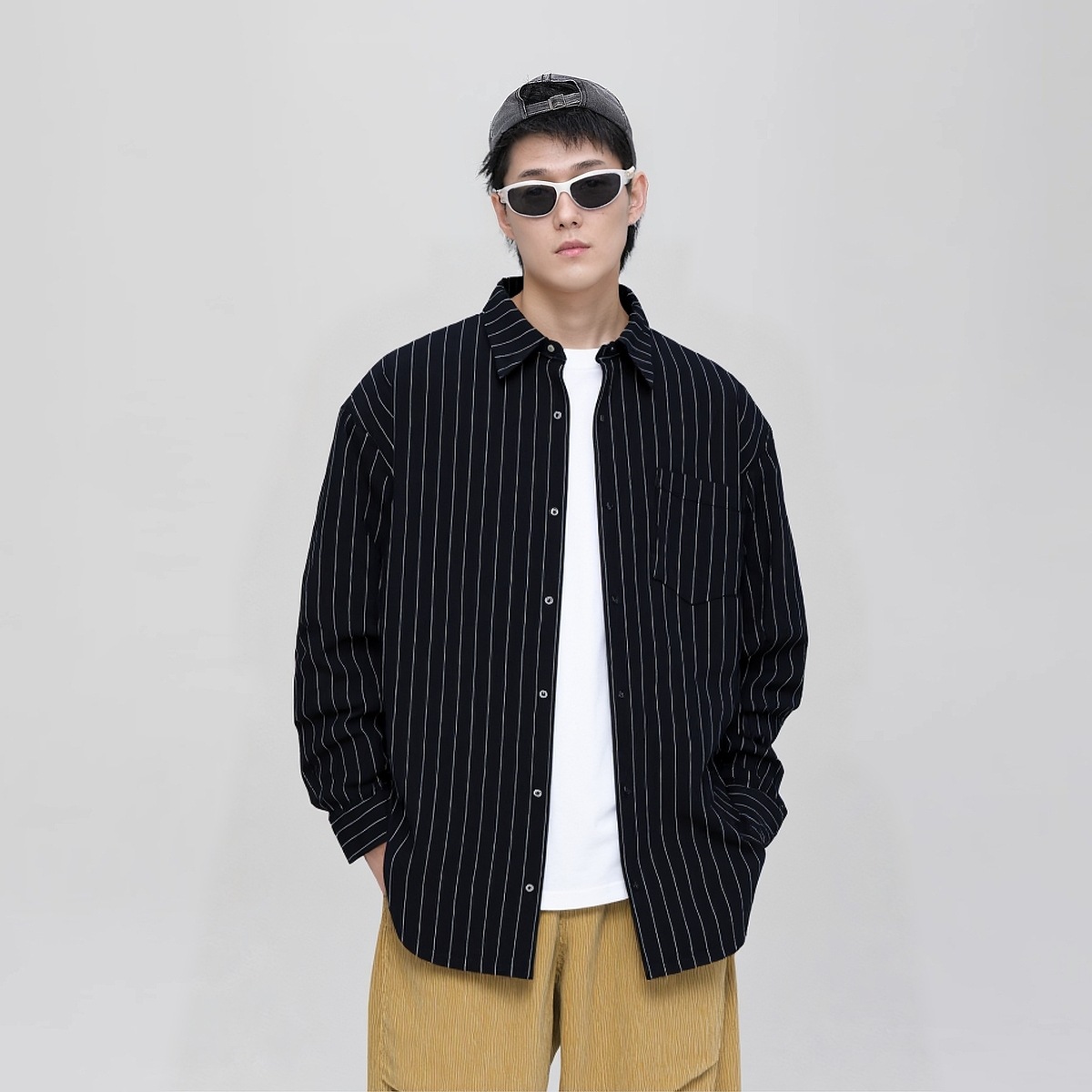 柄シャツ 縦縞柄長袖シャツ男女兼用春秋新作全2色