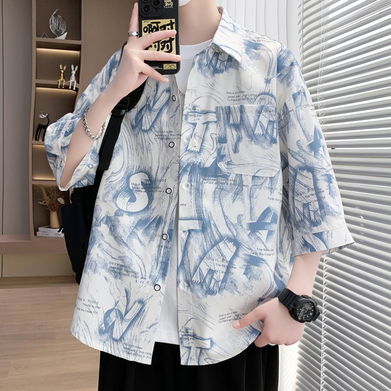 柄シャツ 墨書アートデザイン七分袖シャツ