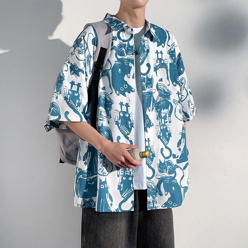 柄シャツ 和風妖怪総柄プリント開襟五分袖シャツ