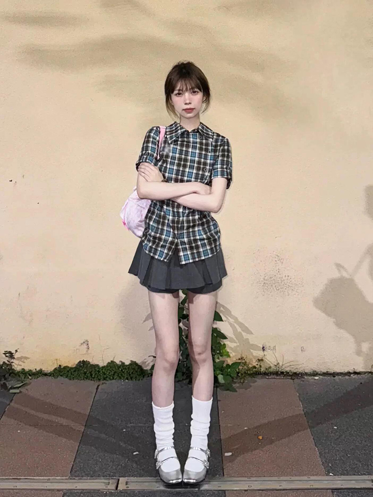 柄シャツ 柄シャツ 爽やか格子模様 半袖シャツ