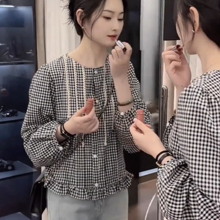 柄シャツ 柄シャツ 格子模様フリルトップス