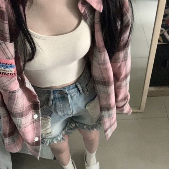 柄シャツ 柄シャツ 格子模様オーバーサイズシャツ
