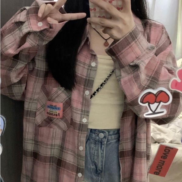 柄シャツ 柄シャツ 格子模様オーバーサイズシャツ