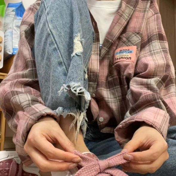柄シャツ 柄シャツ 格子模様オーバーサイズシャツ