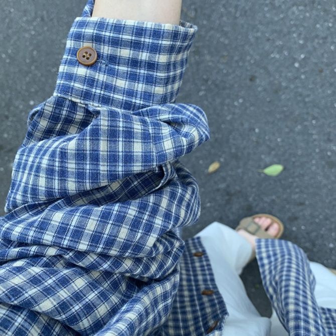 柄シャツ 柄シャツ 格子模様のゆったり長袖シャツ
