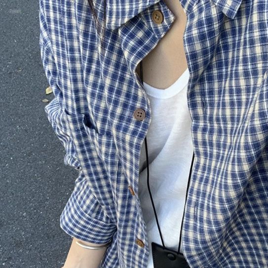 柄シャツ 柄シャツ 格子模様のゆったり長袖シャツ