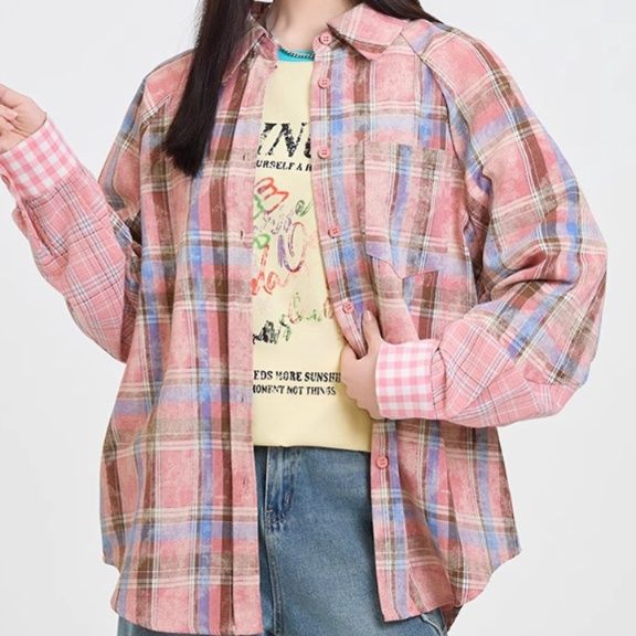 柄シャツ 柄シャツ ほっこり格子模様オーバーシャツ