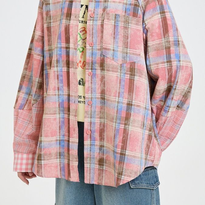 柄シャツ 柄シャツ ほっこり格子模様オーバーシャツ