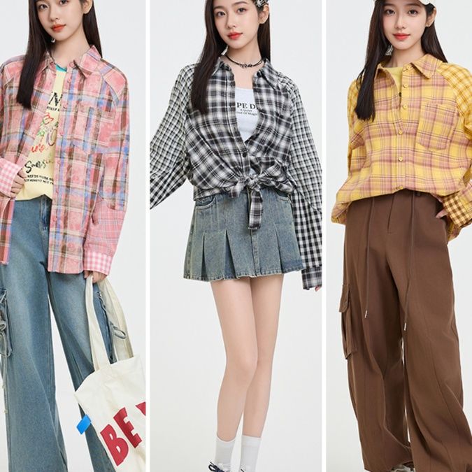 柄シャツ 柄シャツ ほっこり格子模様オーバーシャツ