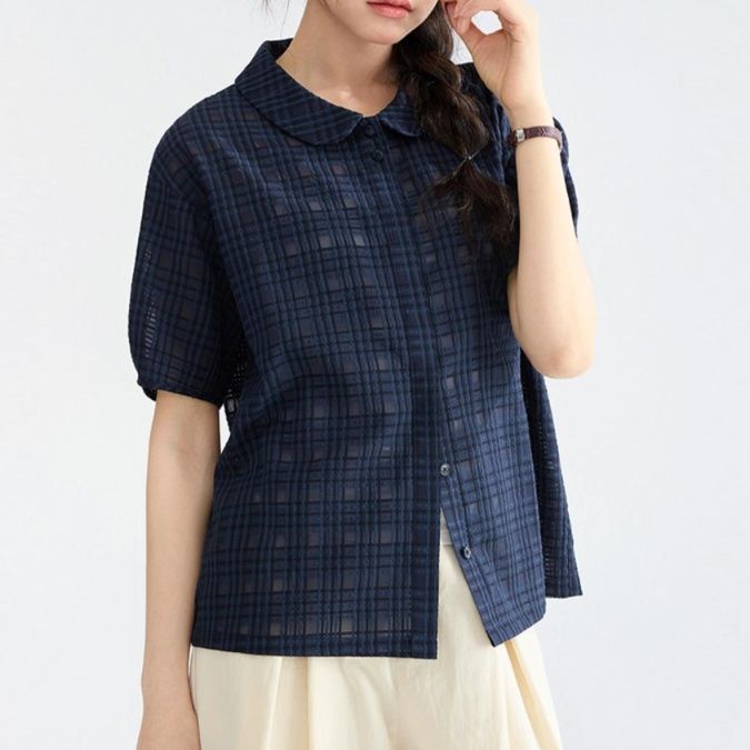 柄シャツ 柄シャツ 微透格紋ふんわり半袖シャツ