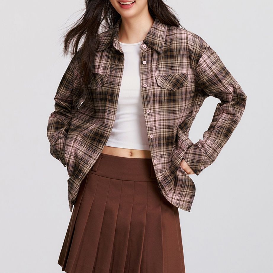 柄シャツ 柄シャツ クラシック格子模様ゆったりシャツ