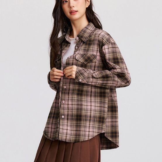 柄シャツ 柄シャツ クラシック格子模様ゆったりシャツ