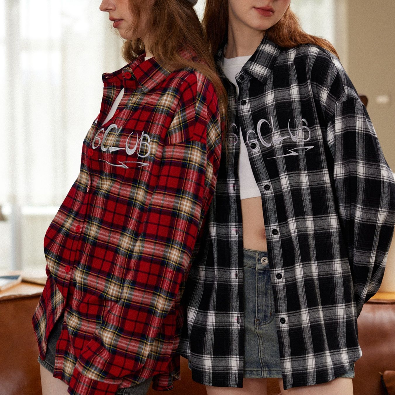 柄シャツ 柄シャツ ゆったりシルエット クラブ刺繍チェックシャツ