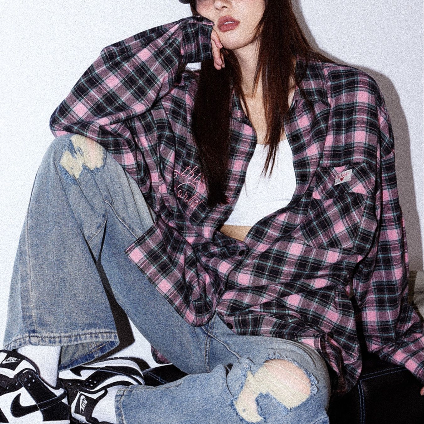 柄シャツ 柄シャツ 格子模様のゆったりシャツ