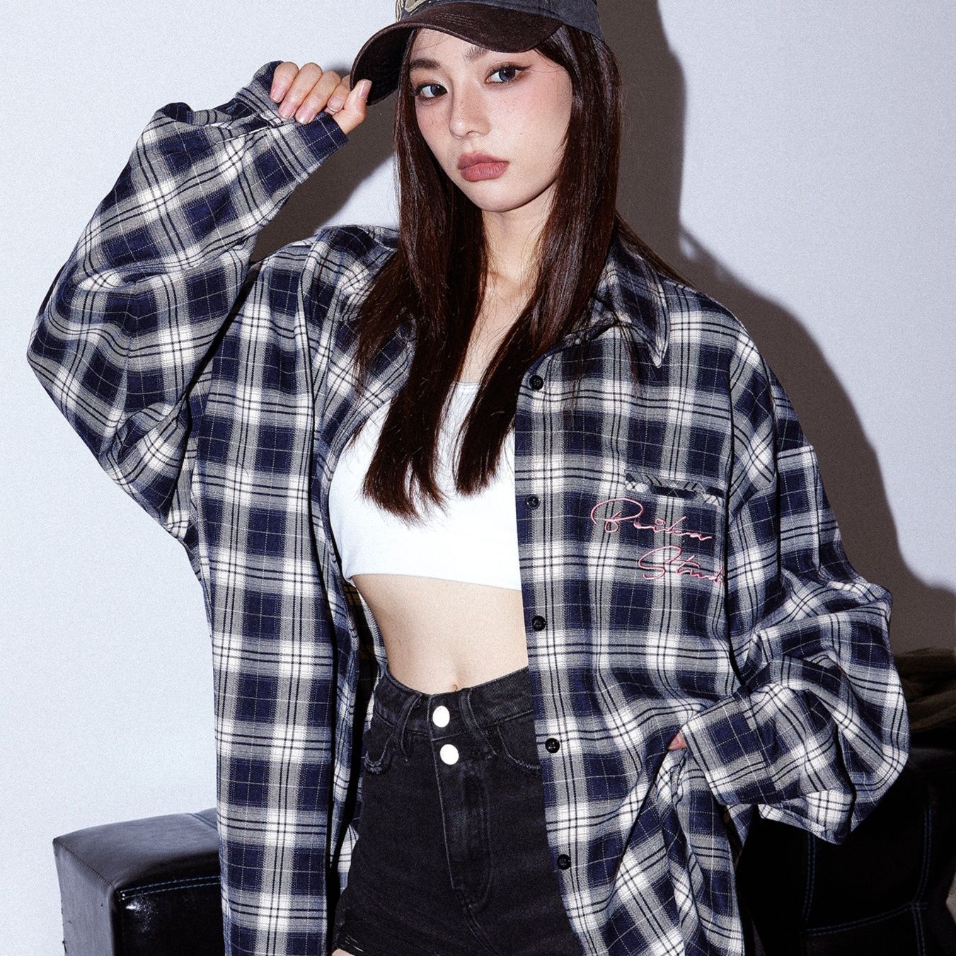 柄シャツ 柄シャツ 格子模様のゆったりシャツ