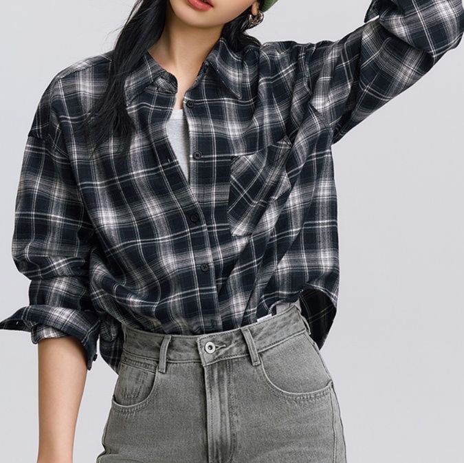 柄シャツ ゆったりシルエットチェック柄シャツ