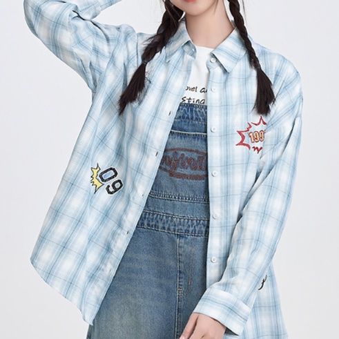 柄シャツ 柄シャツ ポップデザイン刺繍入りチェックシャツ