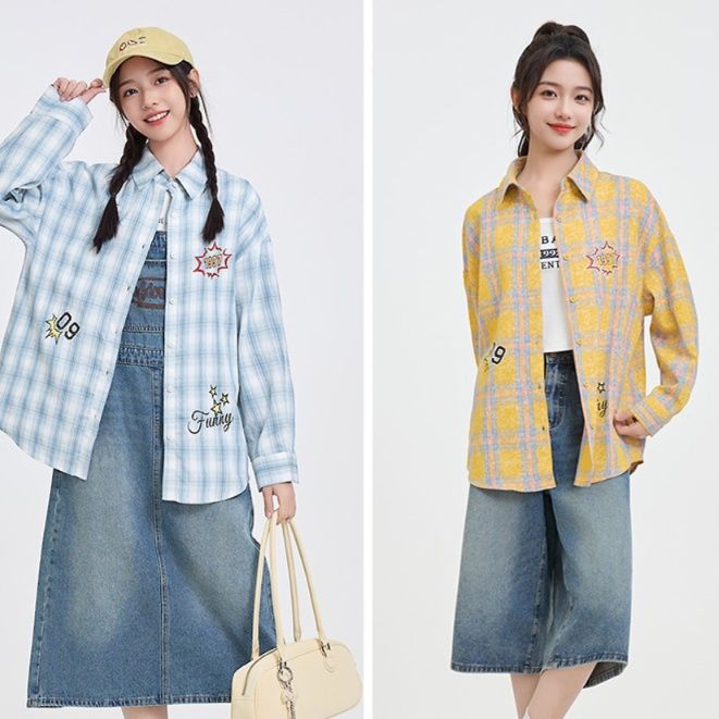 柄シャツ 柄シャツ ポップデザイン刺繍入りチェックシャツ