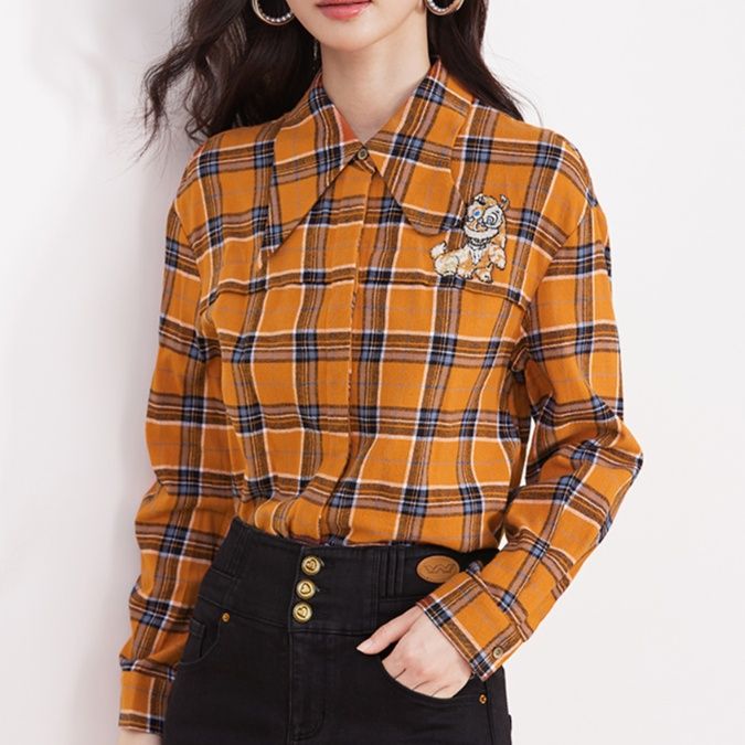 柄シャツ 柄シャツ クマ刺繍入り格子模様シャツ