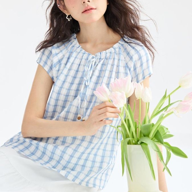 柄シャツ 柄シャツ 優美チェック柄ギャザーフレンチブラウス