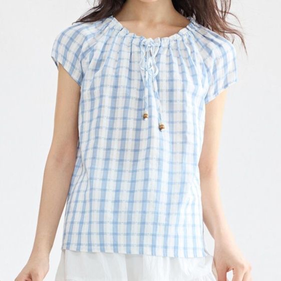 柄シャツ 柄シャツ 優美チェック柄ギャザーフレンチブラウス