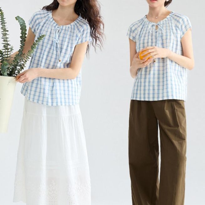 柄シャツ 柄シャツ 優美チェック柄ギャザーフレンチブラウス