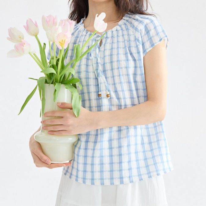 柄シャツ 柄シャツ 優美チェック柄ギャザーフレンチブラウス