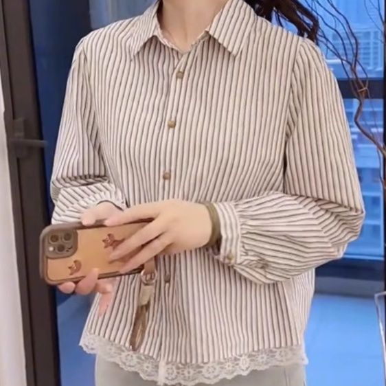 柄シャツ 柄シャツ レース裾ストライプ柔らか長袖シャツ