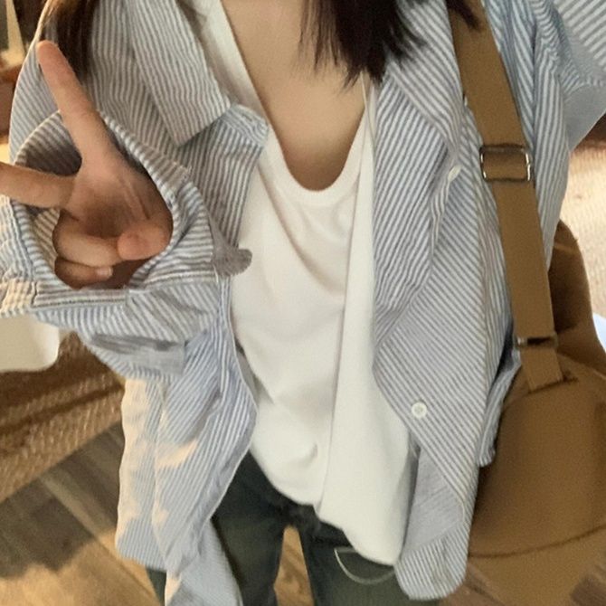柄シャツ 柄シャツ 爽やか細ストライプゆったりシャツ