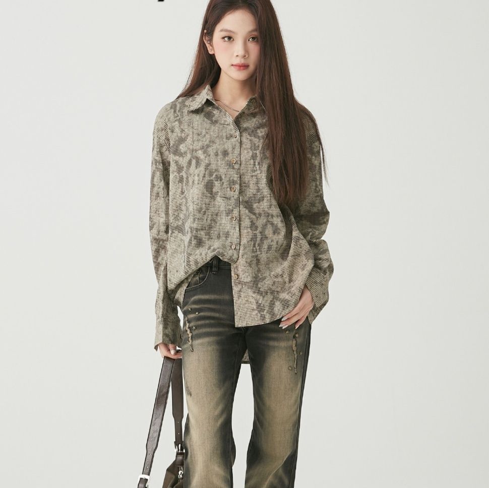 柄シャツ 柄シャツ 格子柄アンティーク風ゆったりシャツ