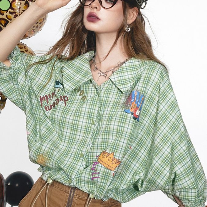 柄シャツ 柄シャツ 刺繍入り七分袖チェックブラウス