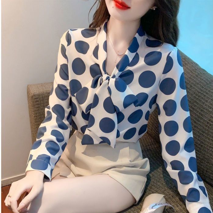 柄シャツ リボン結び水玉プリント柄シャツ
