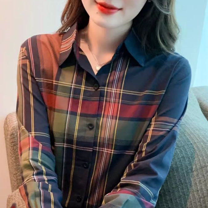 柄シャツ 格調高い多彩格子模様長袖シャツ