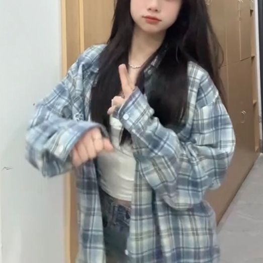 柄シャツ 柄シャツ 格子模様ゆったりシャツ
