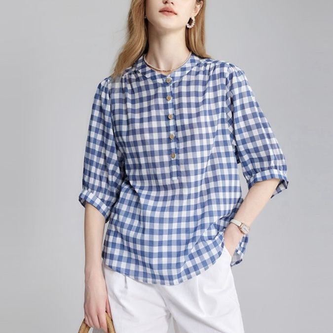 柄シャツ 柄シャツ 格子模様のやさしい七分袖プルオーバー
