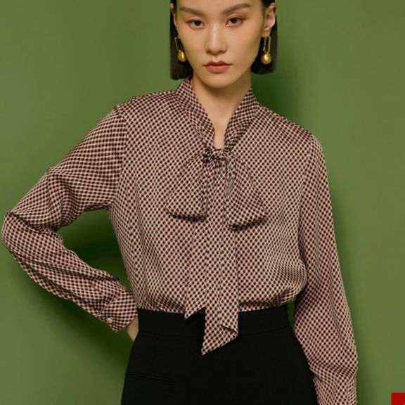 柄シャツ 市松模様リボンタイ総柄シャツ