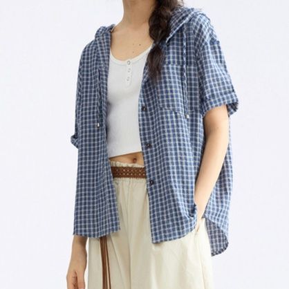 柄シャツ 柄シャツ 涼やか格子模様半袖シャツ