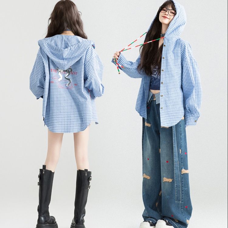 柄シャツ フード付きチェック格子柄シャツ
