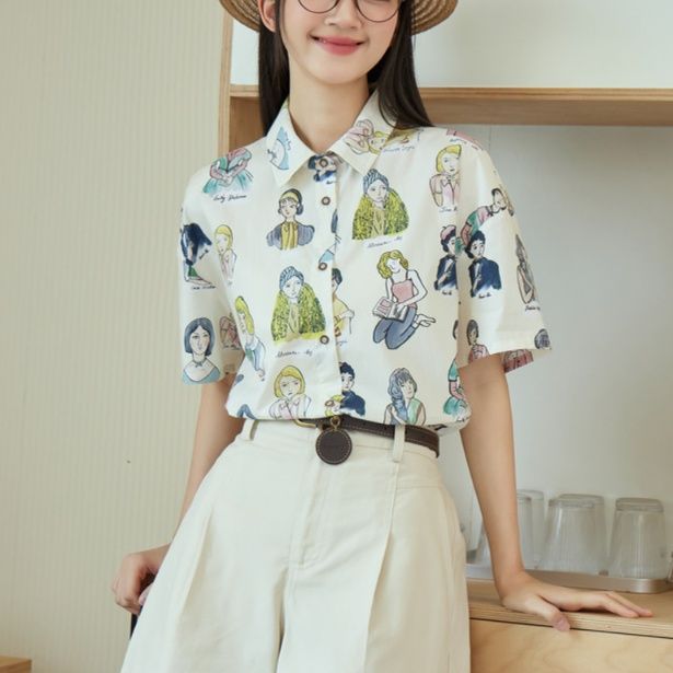 柄シャツ 乙女イラスト短袖総柄シャツ