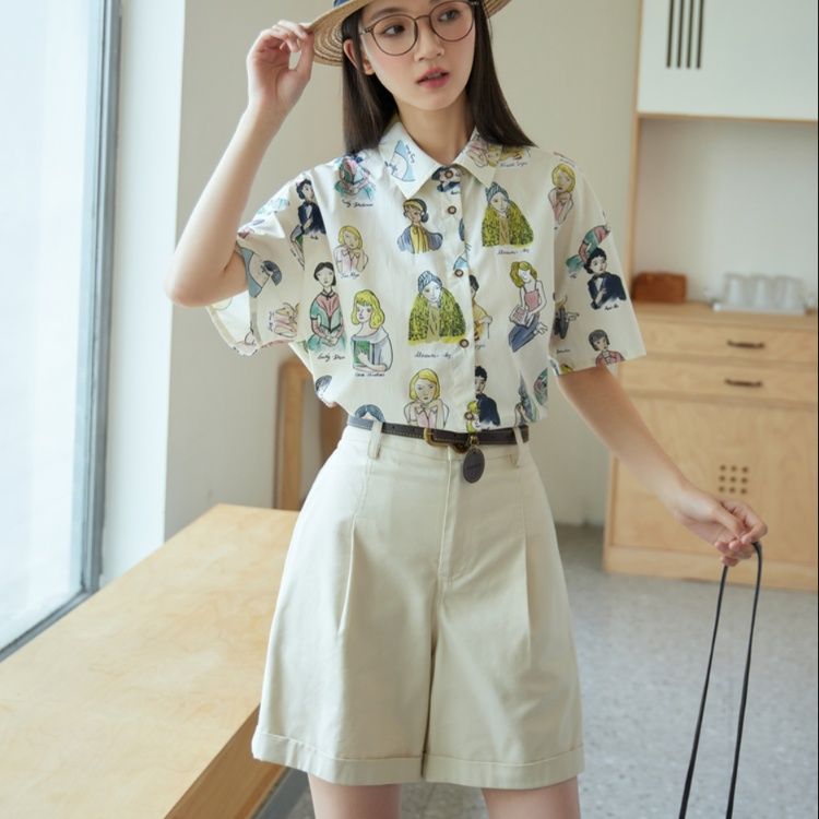 柄シャツ 乙女イラスト短袖総柄シャツ
