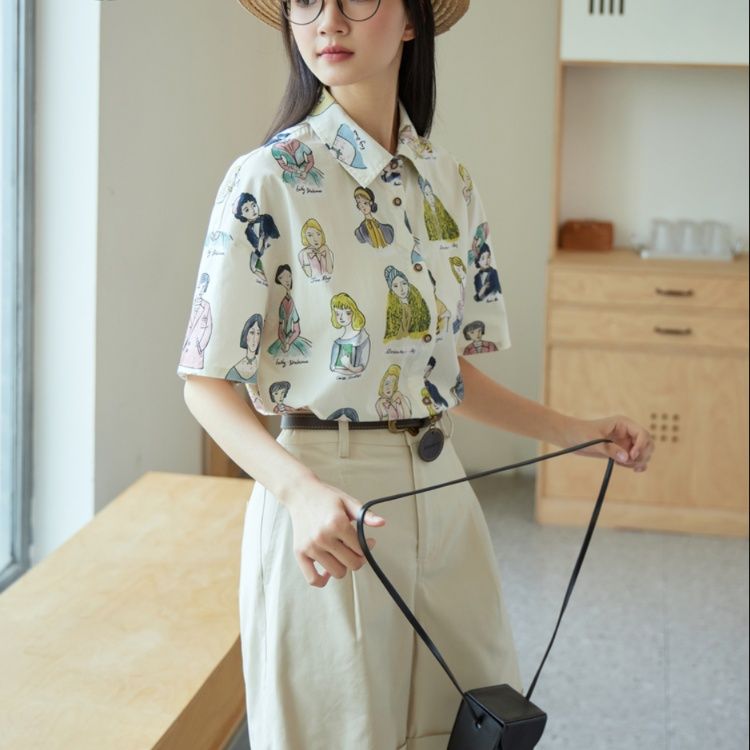 柄シャツ 乙女イラスト短袖総柄シャツ